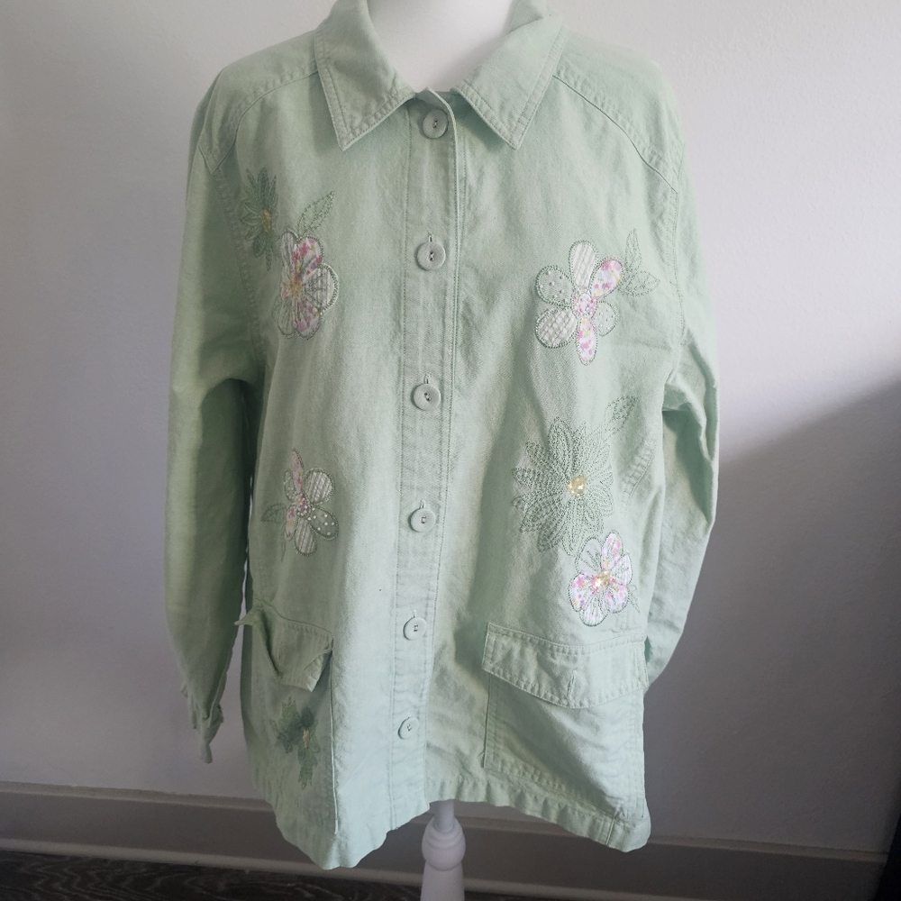 Vintage Alfred Dunner Floral Embroidered Beaded Detail Cotton Blend Button Down